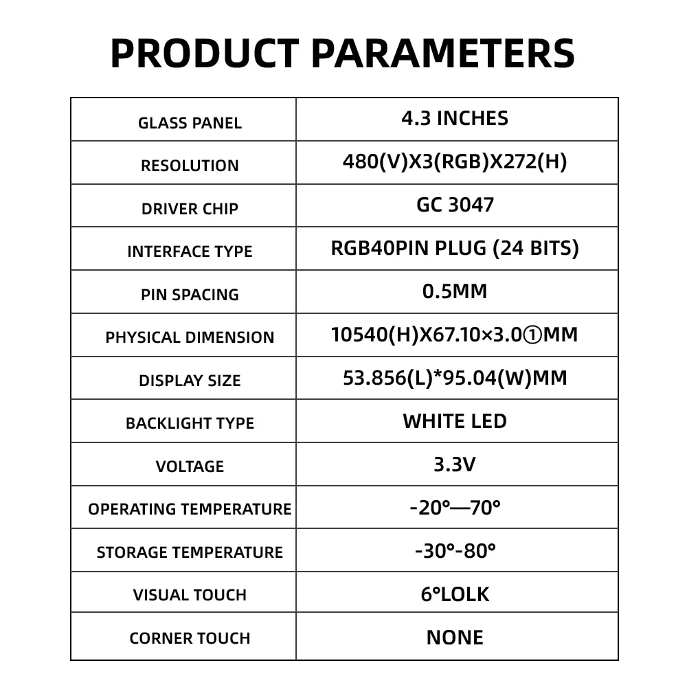 4,3 Zoll 3,3V TFT LCD-Displaymodul IC-Treiber GC3047 480*272 RGB 40-Pin Steckmodul 24-Bit LCD LCD-Farbdisplaymodul – Detail 3