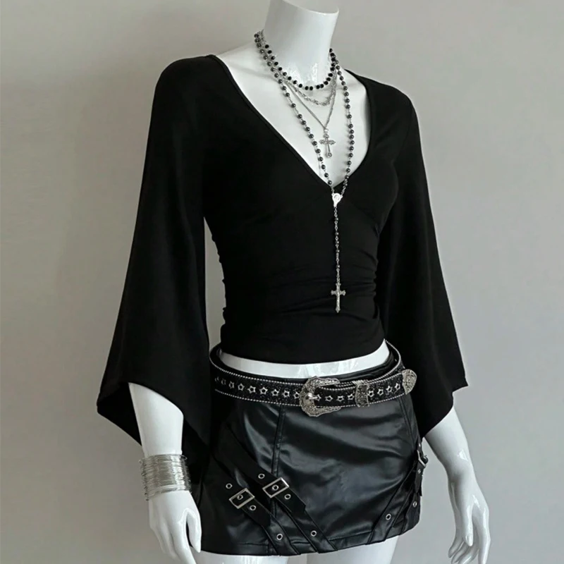 Dark Punk Hot Girl Style V-neck Asian Culture Millennium Harajuku Style Waist-Tight Slimming Flared Sleeves Short Top Y2k Style