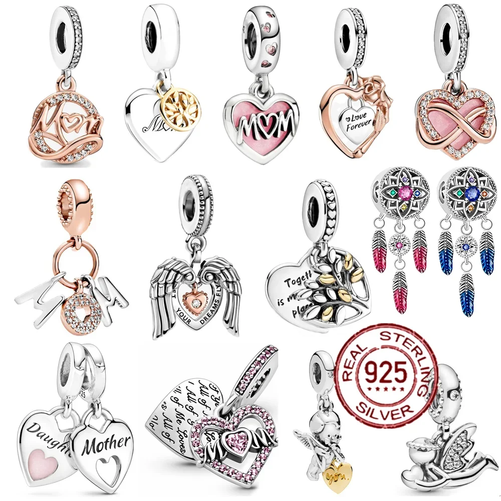 

925 Sterling Silver Heart Mom Family Dangle Dream Catcher Charms Fit Original Pandora Bracelet Beads Women DIY Jewelry Gift