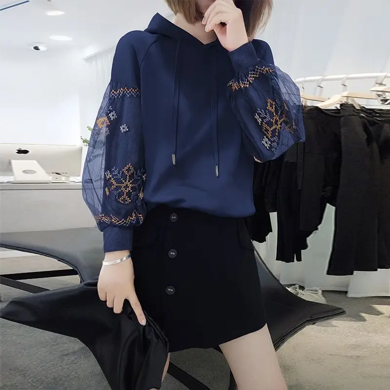 Korean Casual Autumn Winter New Women\'s Hooded Lace Patchwork Fashion Versatile Long Sleeve Thin Pullovers Sweatshirts Tops