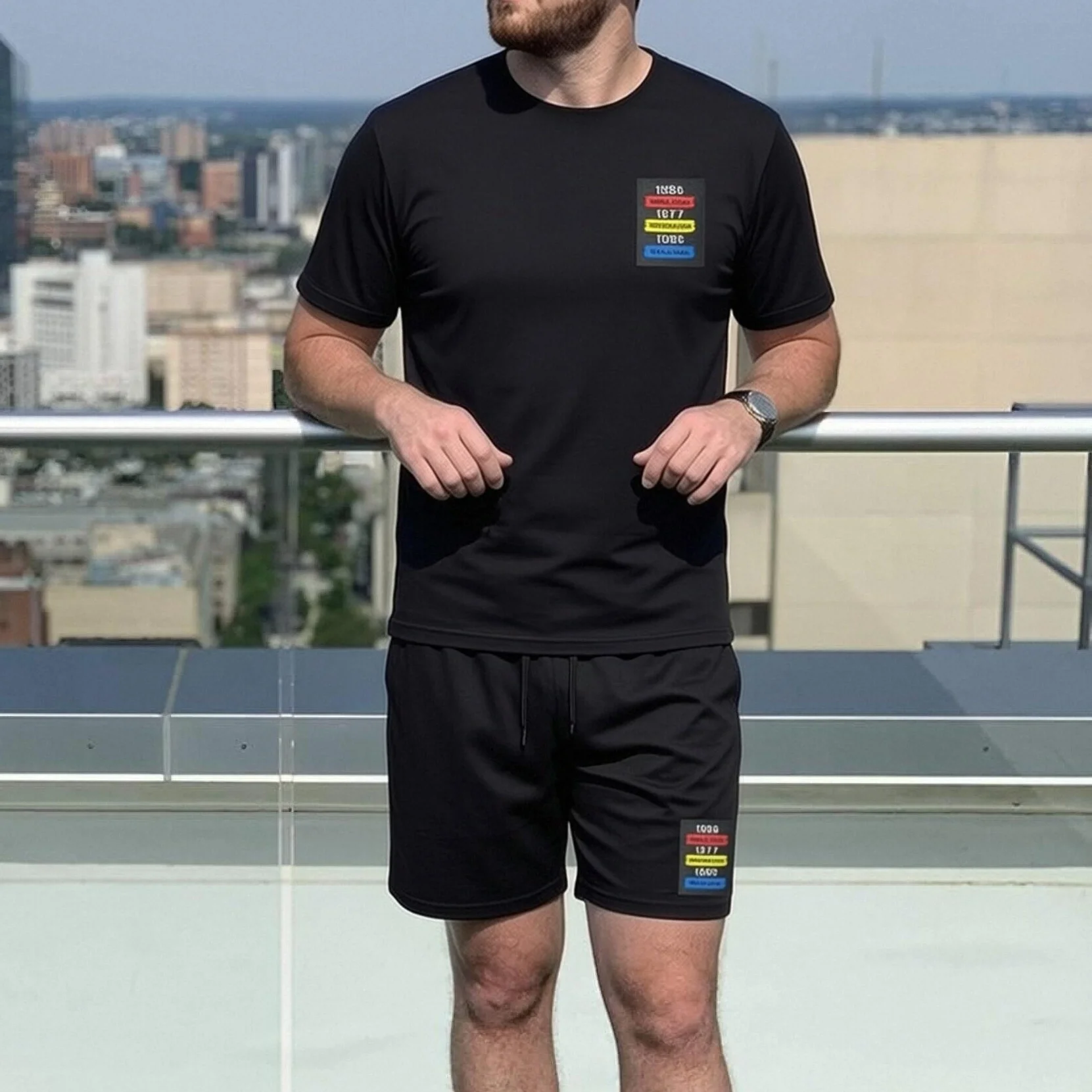 Men 2‑Pcs Summer Tracksuit Color Block Badge Print Short Sleeve T‑Shirt Elastic Drawstring Shorts Casual Sports Male Outfit Set