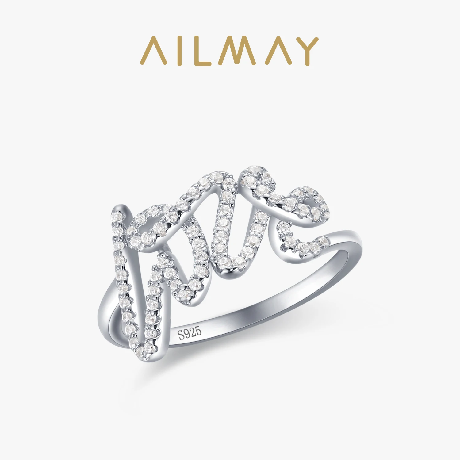 Ailmay Fashion 925 Sterling Silver Clear Zircon Romantic LOVE Finger Ring For Women Wedding Statement Fine Silver Jewelry