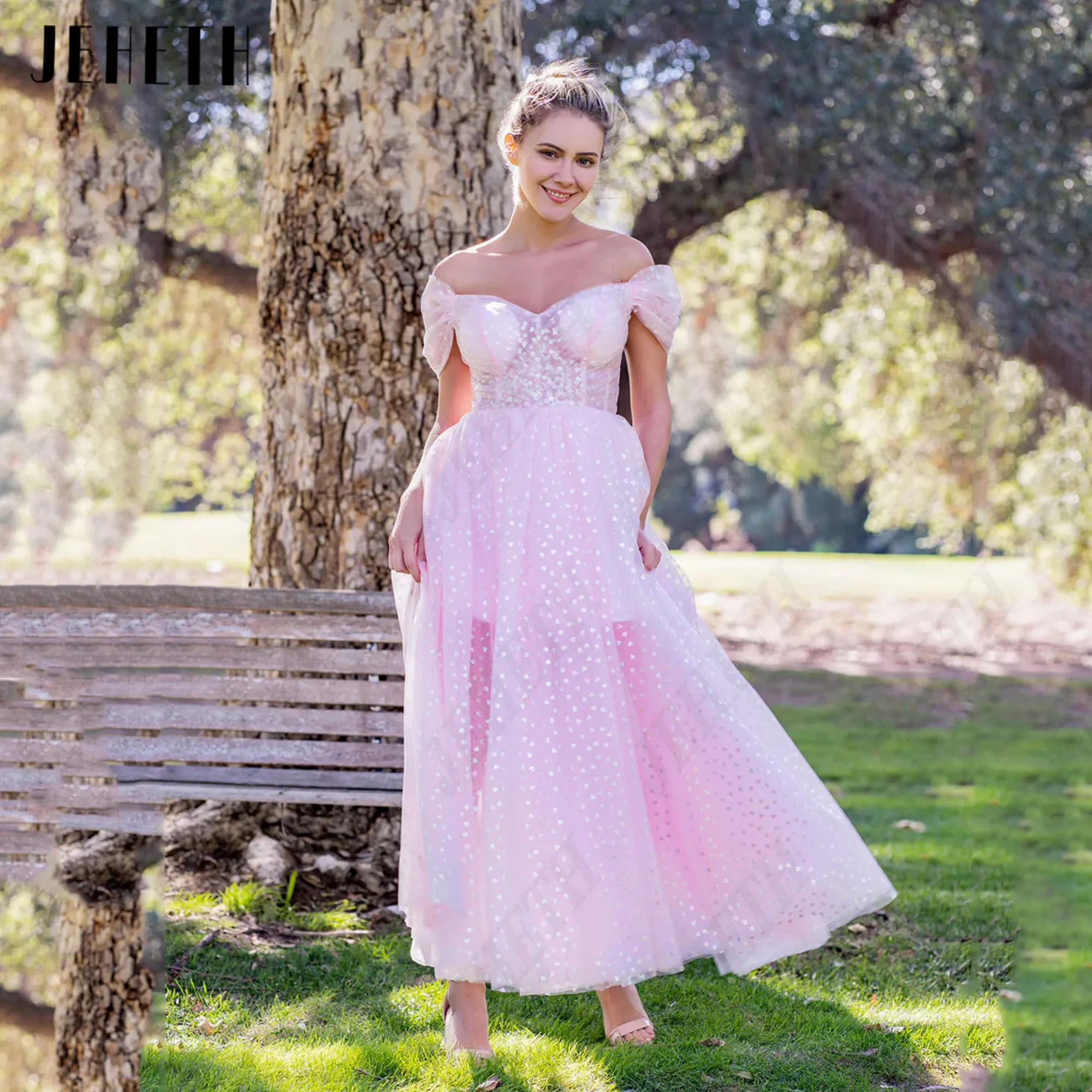 

JEHETH Pink Heart Tulle Prom Dress Sweetheart Off Shoulder A-Line Ankle Length Party Gowns For Woman Pastrol Vestidos De Gala