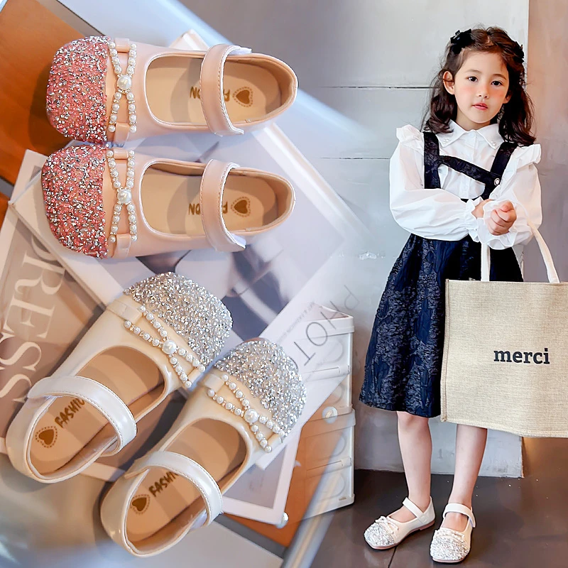 

2025 New Leather Shoe Spring Autumn Elegant Girls Party Shoes Fashion Sequins Bowtie Children Princess Shoes for Wedding Shallow