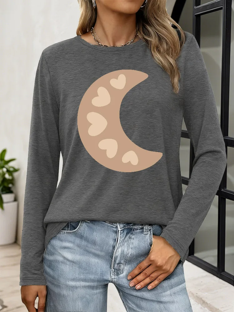 Marron Monn et coeur femmes décontracté imprimé à manches longues T-Shirt col rond Y2K haut T-Shirt respirant mélange tissu pour printemps automne