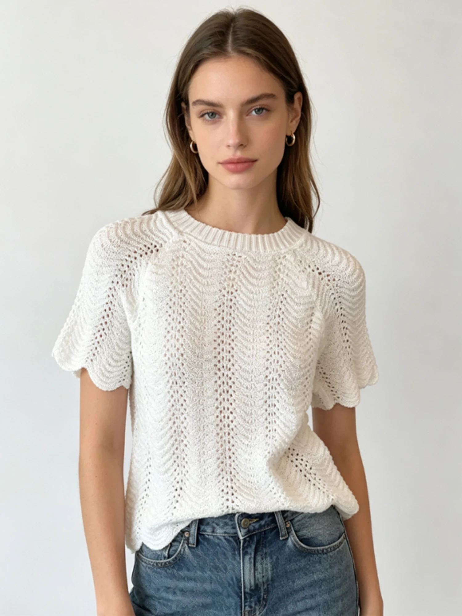Women's Off White Knitwear Top Hollow Out Short Sleeve Knit T-shirt Y2K Gyaru Vintage Korean Style Tee Top for Women Summer 2026