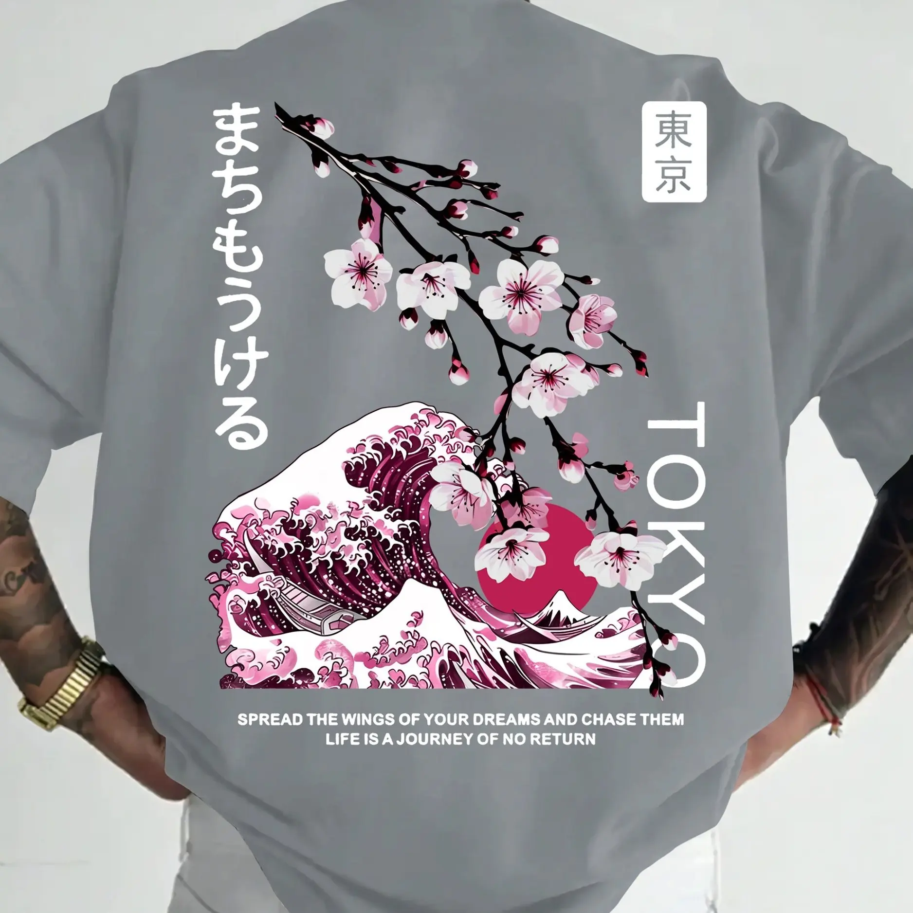 Herren-T-Shirt im Harajuku-Stil mit „Tokyo“-Kirschblüten- und Kanagawa-Muster, weich und atmungsaktiv, 100 % reine Baumwolle, Sommer-Oberteil – Detail 5