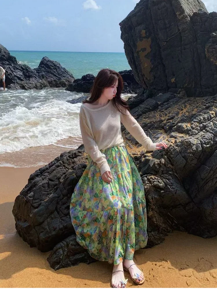 Summer Floral Print A-Line Skirt Women's High Waist Elastic Waist Painting Style Half-length Beach Vacation Beautiful Skirt
