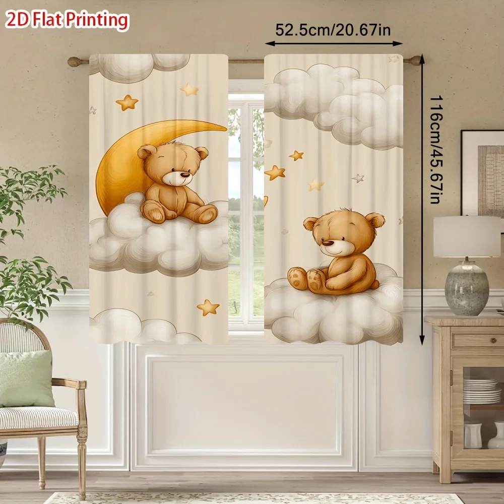 Cute Teddy Bear Curtain Panels, Cartoon Bear Moon Cloud Star Soft Beige Background Print Drapes for Kids Bedroom Nursery Decor