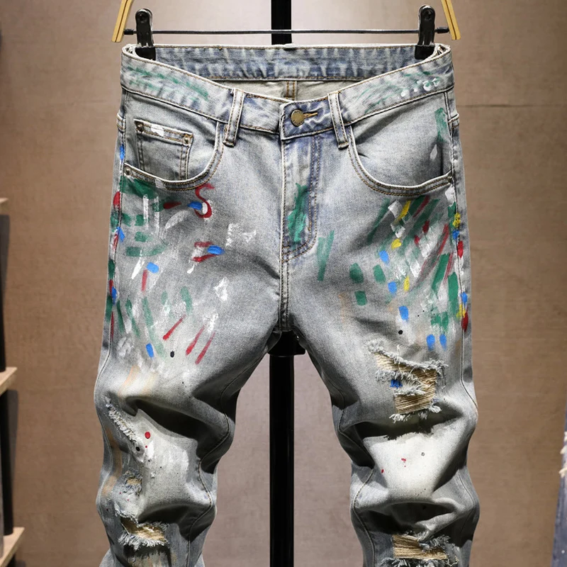 Pantalones vaqueros rasgados pintados ajustados elásticos azules lavados Retro a la moda de diseñador callejero para hombre Y2K Hip Hop Vintage pantalones vaqueros