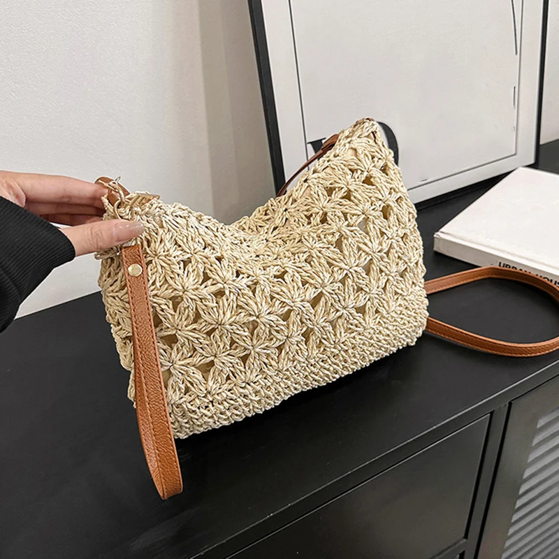 Strohgewebte Sommer-Umhängetasche, abnehmbarer Schultergurt, Damen-Clutch, Geldbörse, Reißverschluss, Handtasche für Strand, Reisen, Urlaub