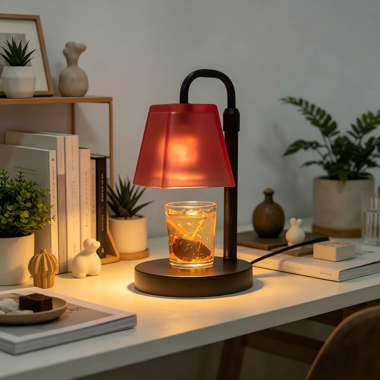 

Electric Candle Warmer Lamp Timer Dimmer Control Crimson Glass Shade US Plug 110V Flameless Top-Down Wax Melter Night Light