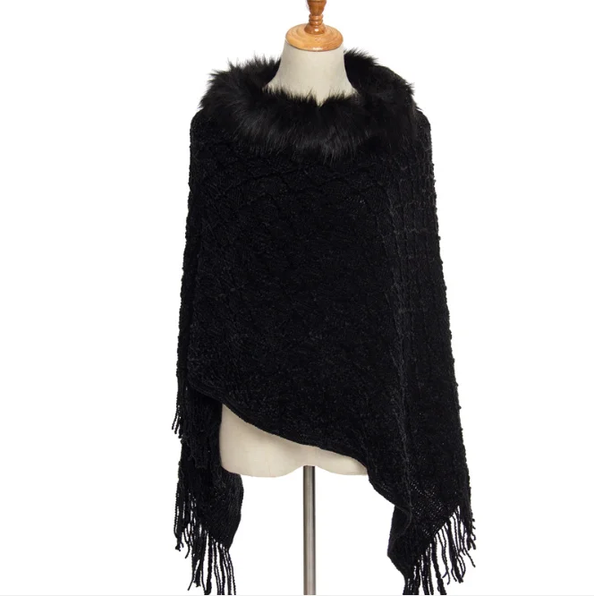 

Large Knitted Shawl Women's Autumn Winter New Chenille Cloak Fur Warm Tassel Pullover Cloak Hairy Collar Outdoors Black