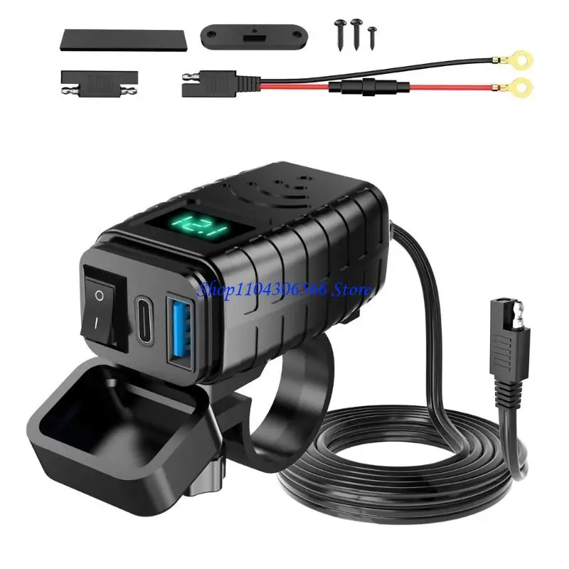 02DD High Speed Motorcycle Phone Charging Block 30W 18W and Digital Battery Display Plastic Bike Phone Mount Device