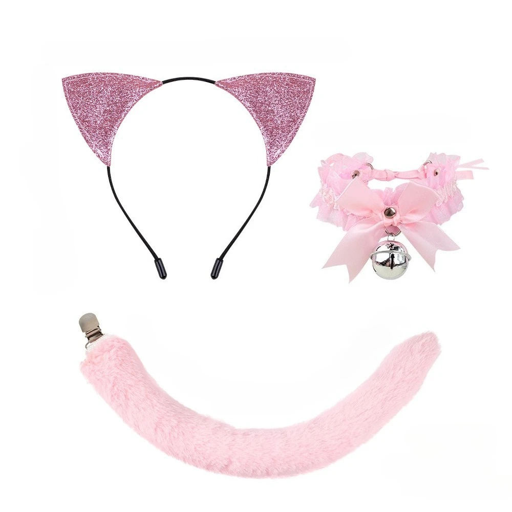 

10pcs Cat Ears Headband and Tail Set for Cosplay Dress Up Halloween Party Blue Black White