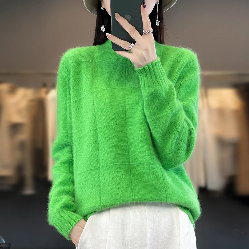 Autumn and Winter Semi-Turtleneck Women's Clothing 100% Mink Cashmere Sweater Women Knitted Pullover Checkered Long-Sleeved Tops