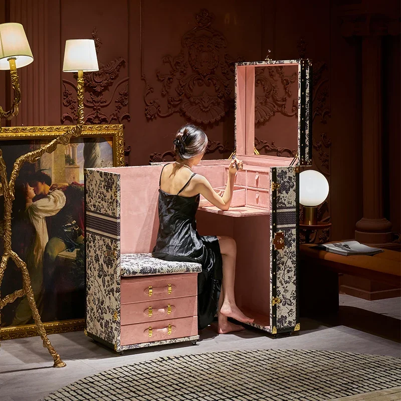 Silei French retro printing dresser side cabinet removable hard case makeup table