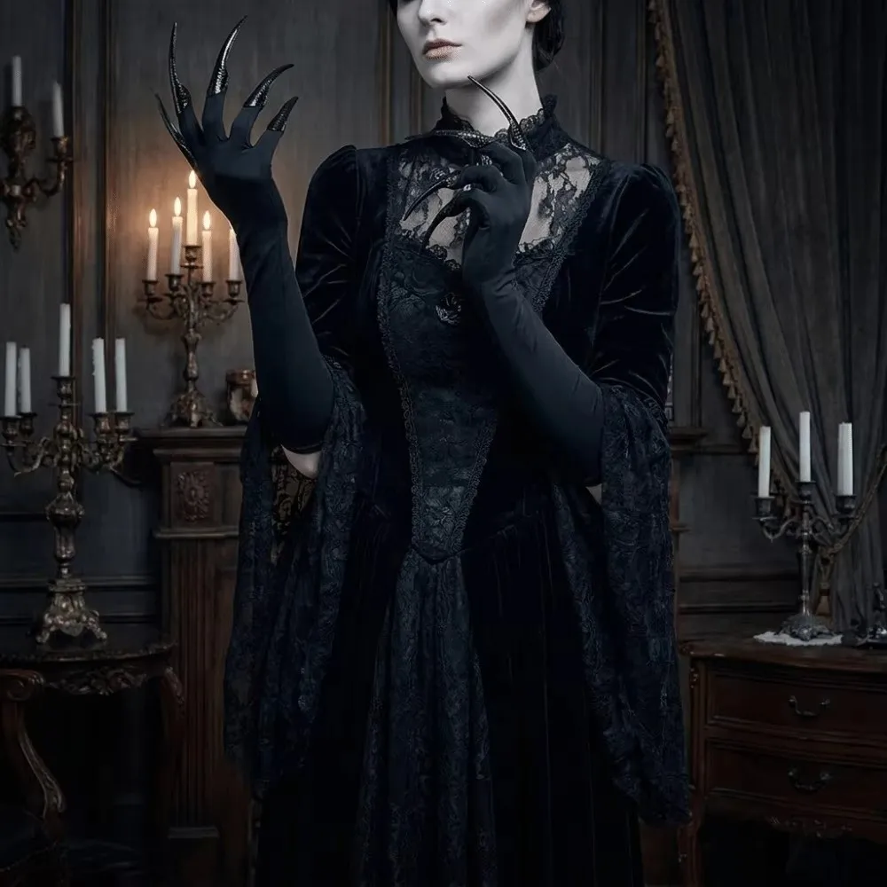 Black Color Long Nails Gloves Polyester Material Detachable Claw Nails Witch Gloves Stretch Elastic Finger Nails Design