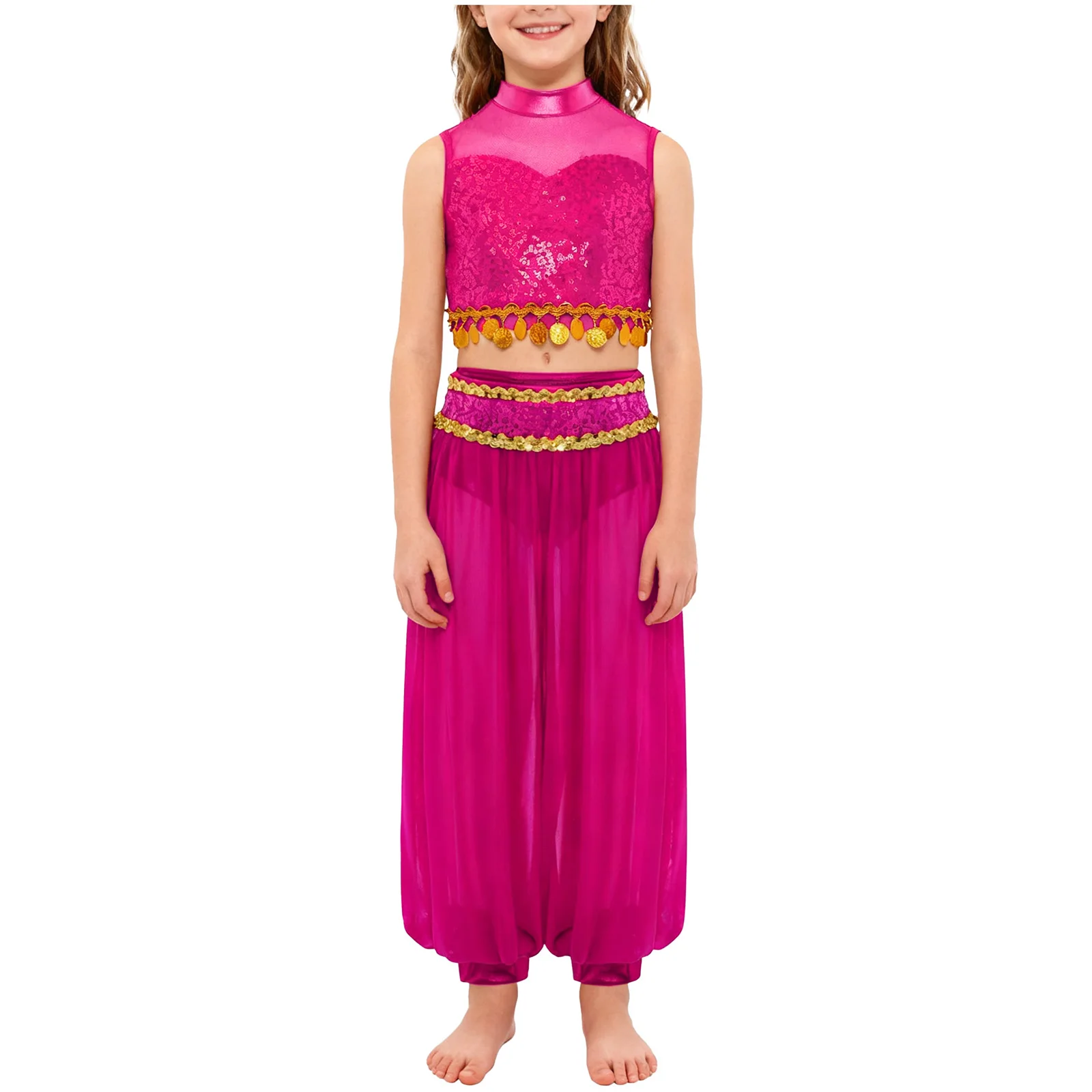 Arabisch buikdanskostuum voor kinderen Danskleding voor meisjes Mouwloze crop top met pailletten en mesh bloeiersbroek voor toneelvoorstellingen