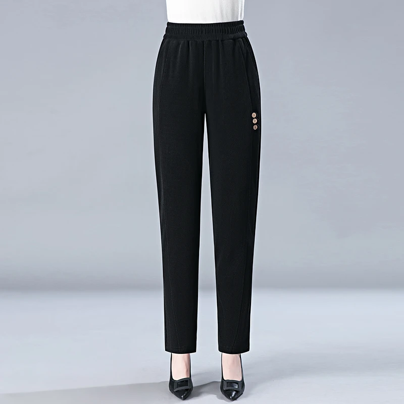 Autumn New Corduroy Straight Pants Women Elastic Waist Solid Pocket Loose Casual Middle-aged Button Trousers plus Size