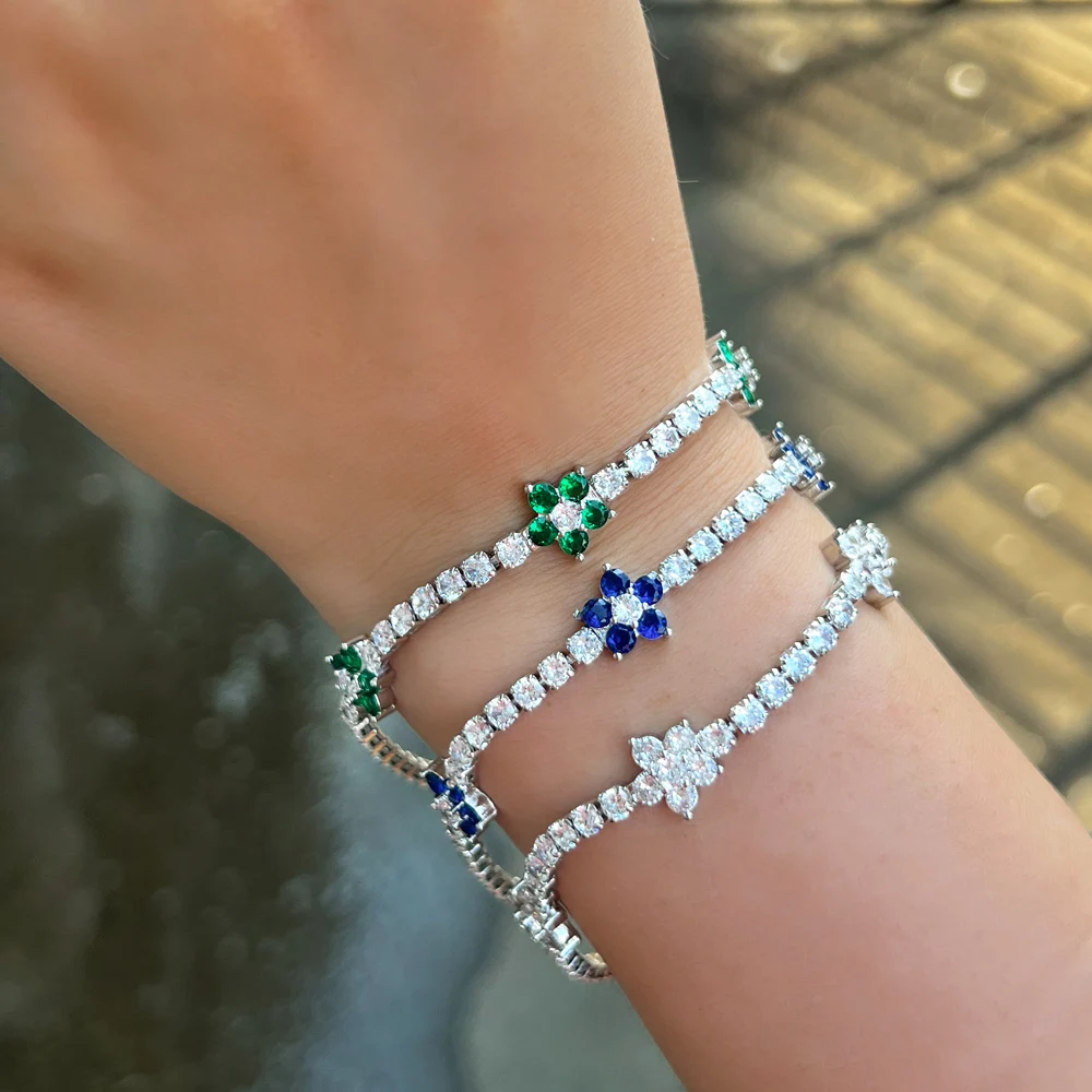 CWWZircons Beautiful Blue Green Cubic Zirconia Flower Charm Tennis Bracelets for Women Summer Party Engagement Jewelry CB344