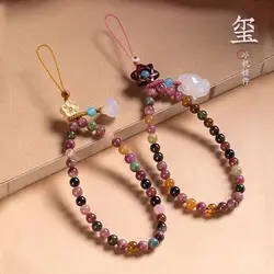 Original Natural Tourmaline Mobile Phone Chain Antique Lotus Pendant Wrist Neck Rope Jade Fox Exquisite High-grade Jewelry
