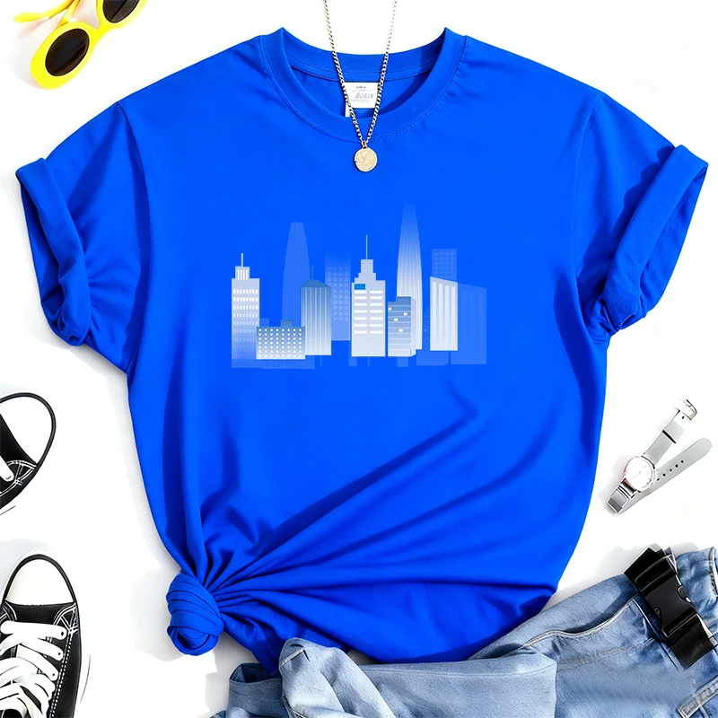 تي شيرت 100% من القطن الخالص مطبوع عليه بناء المدينة برقبة دائرية، قميص كاجوال بأكمام قصيرة كل يوم لجميع المواسم، ملابس نسائية