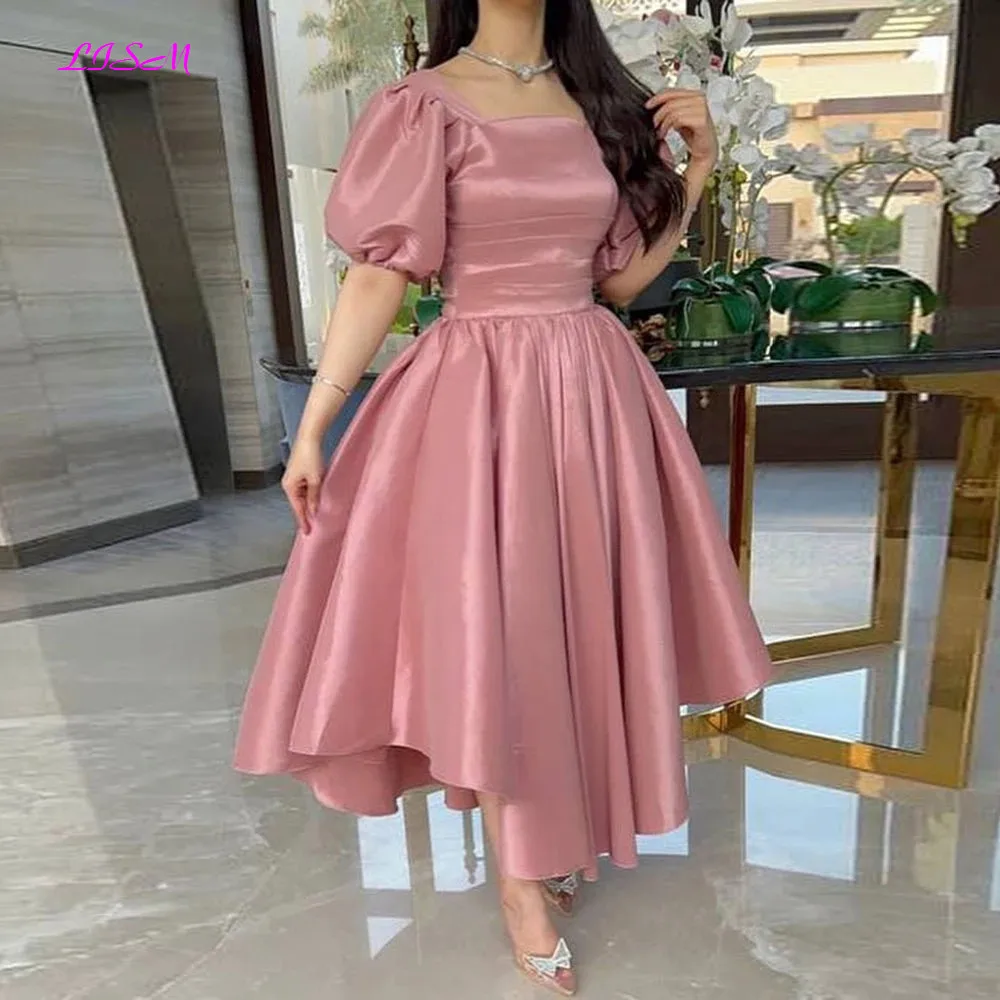 

Blush Pink Saudi Arabia Midi Prom Dresses A-Line Dubai Formal Prom Party Gowns Short Sleeves Pleats Women's Evening Dress