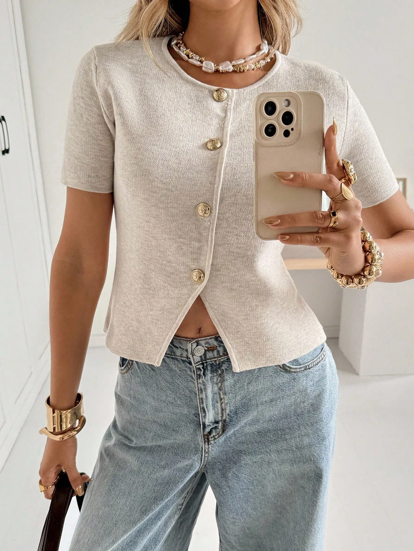 

Women's Short Sleeve Knit Cardigan with Gold Buttons, Casual Elegant Top for Office or Daily Wear