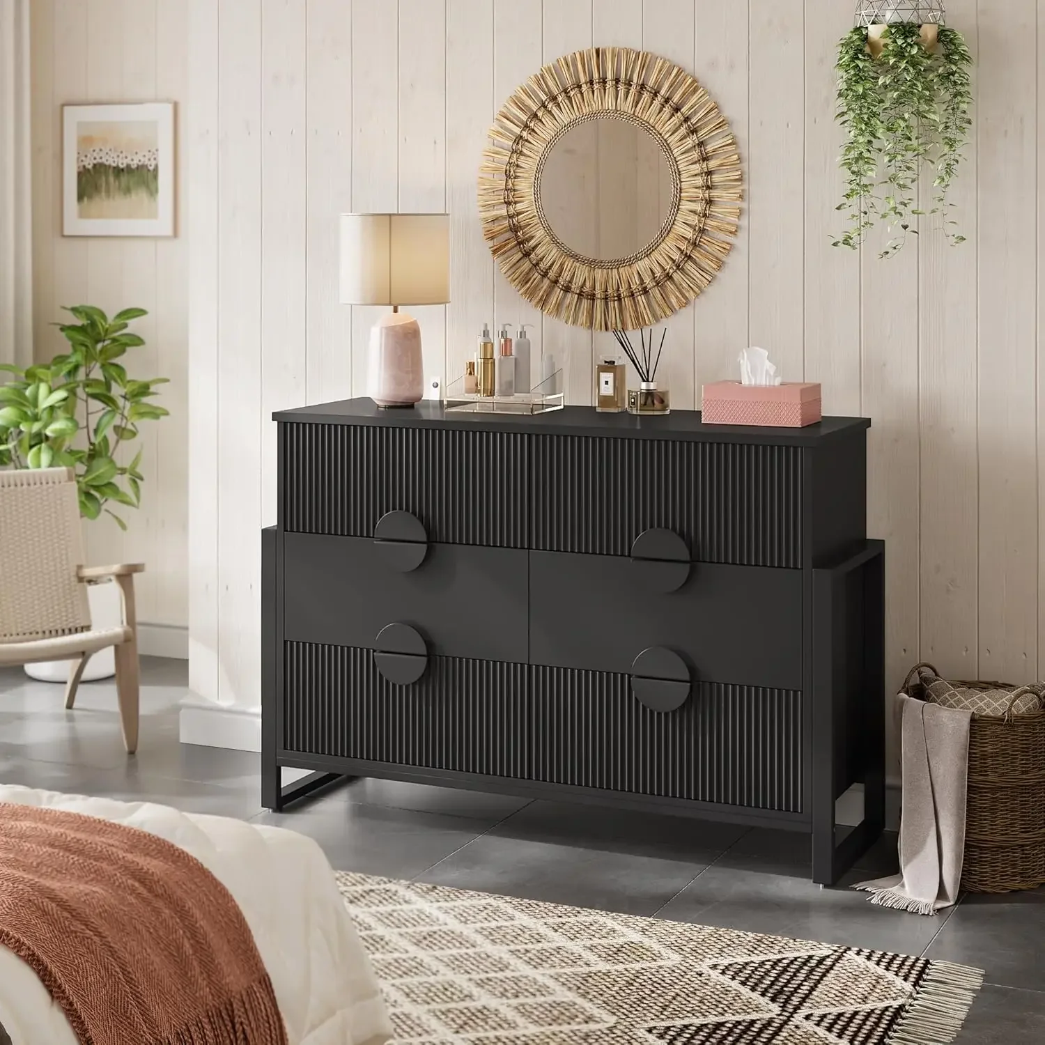 Drawers Dresser TV Stand - Curved Profile Design, Raising Legs, Large Metal Handles for Bedroom,Livingroom, Hallway,Black