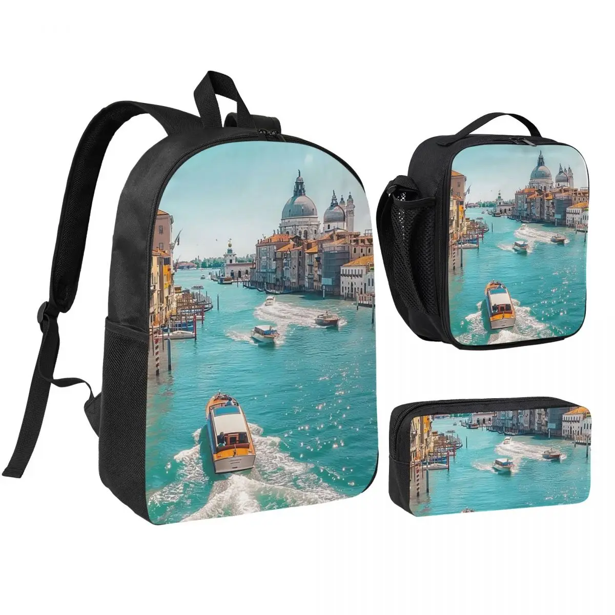 Venice Canal Italy Landscape Backpack Student BookBag School Bag Shoulder Bags 3ps Insulated Lunch Bag Pencil Case
