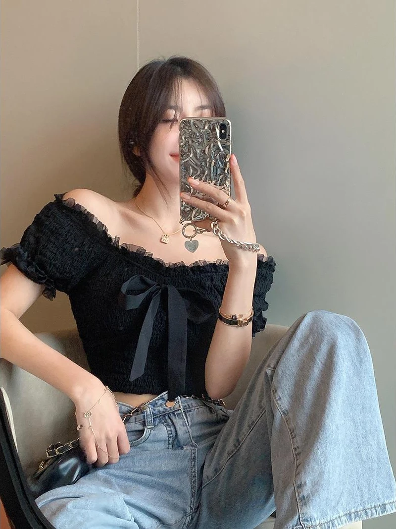 Bow Blouses Women Tender Harajuku Retro Clothing Mujer Tops Korean Style Sweet Sexy Lovely Design Aesthetic New Arrival Cropped