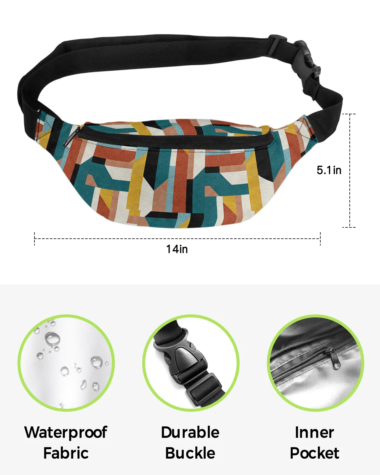 Geometric Pattern Waist Packs for Women Waterproof Outdoor Sports Waist Bag Unisex Crossbody Shoulder Bag