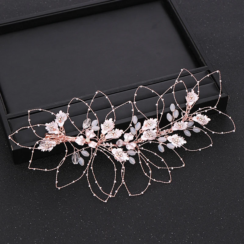 Trendy Wedding Hair Accessories Gold Headband Rhinestone Crystal Flower Headband Leaf Headdress Bride Hair Accessories Handmade