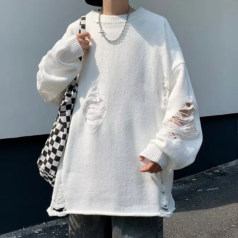 Neutral Minimalist Ripped Sweater Fashion Streetwear Loose O-neck Long Sleeve Knitted Pullovers Tops Hip Hop