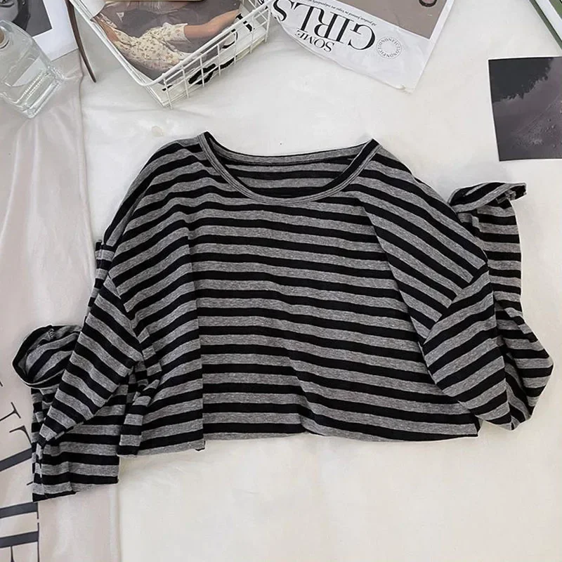 Streetwear Gestreiften Langarm T Shirt Frauen Frühling Herbst Neue Lose Beiläufige O Neck Tops Koreanische Vintage Weibliche Tees Bodenbildung