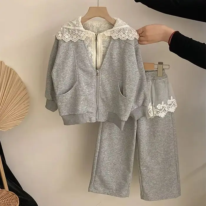 Girls' Sports Set Spring and autumn Casual Lace Spliced Hooded Knitted Sweatshirt Cardigan Coat+Sweatpants Two-Piece Set 2025