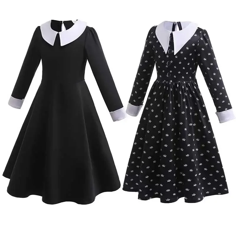 

Girls Kids Wednesday Family Clothes Addams Dress Cosplay Black White Adams Dresses Wig Necklace Halloween Costumes