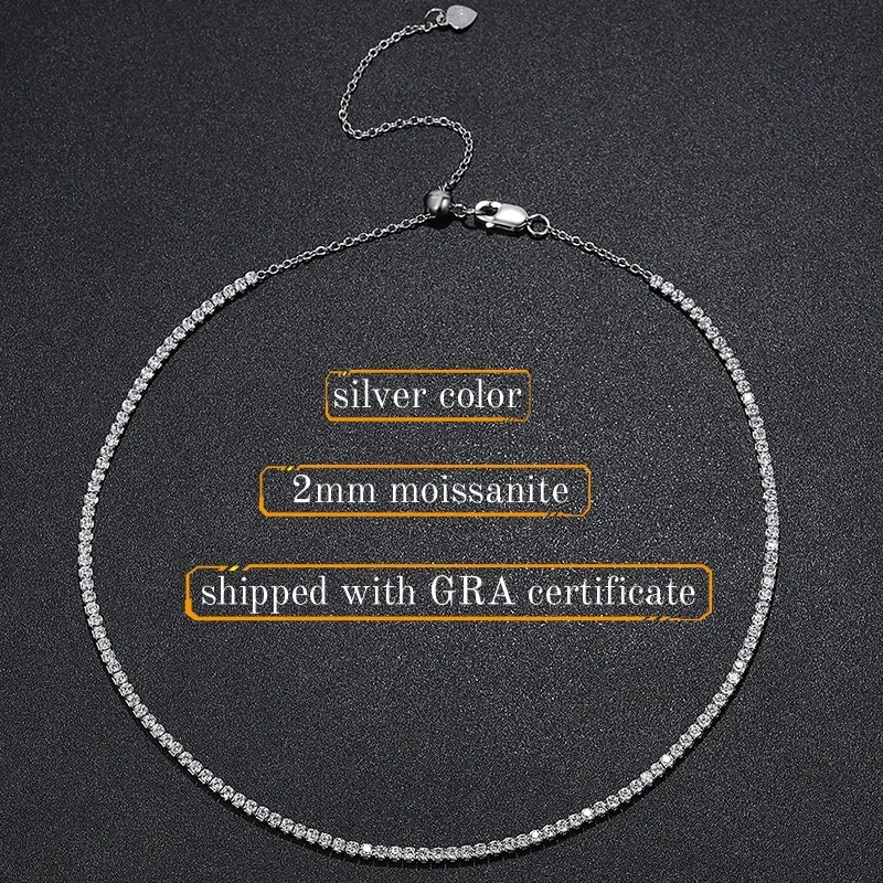 

2MM D Color Moissanite Tennis Necklace Choker For Women S925 Silver Diamond Adjustable Neckband Chain Fine Jewelry Gifts