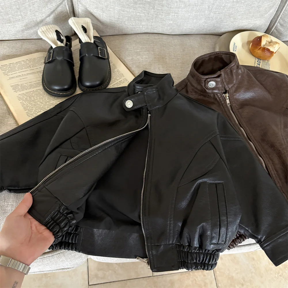 

Новая доставка, детская осенне-зимняя куртка из искусственной кожи для девочек и мальчиков, пальто, детская однотонная верхняя одежда для студентов, мода для детей 90-150 3-8 лет