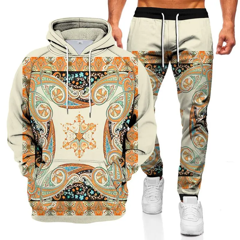 Men\'s Tracksuits Fashionable Hoodie Sports Suit 3D Geometric Graphic Printed Casual Loose Long Sleeve Pants Set 2 Pieces