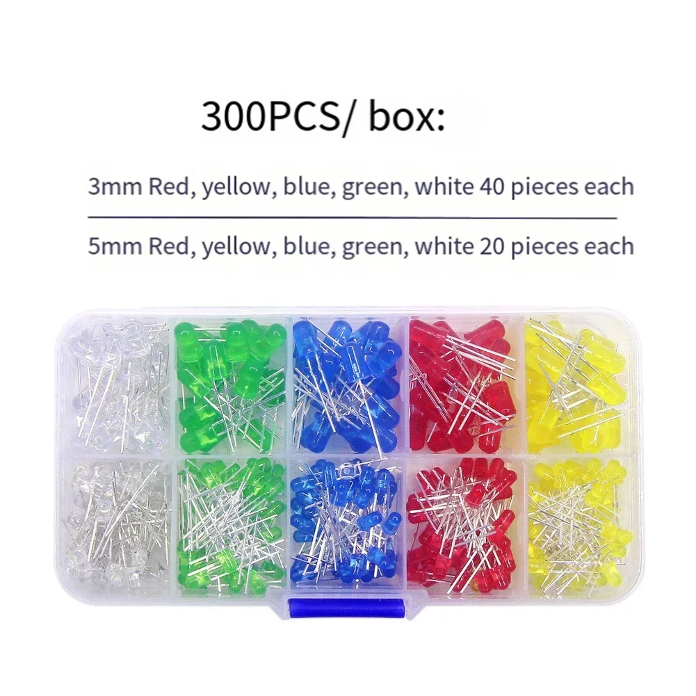 300pcs LED Diode Multicolor LED Emitting Diodes Light 3V Assortment Kits 3/5mm Jose LED Box Set 3MM5MM High Brightness LED Light