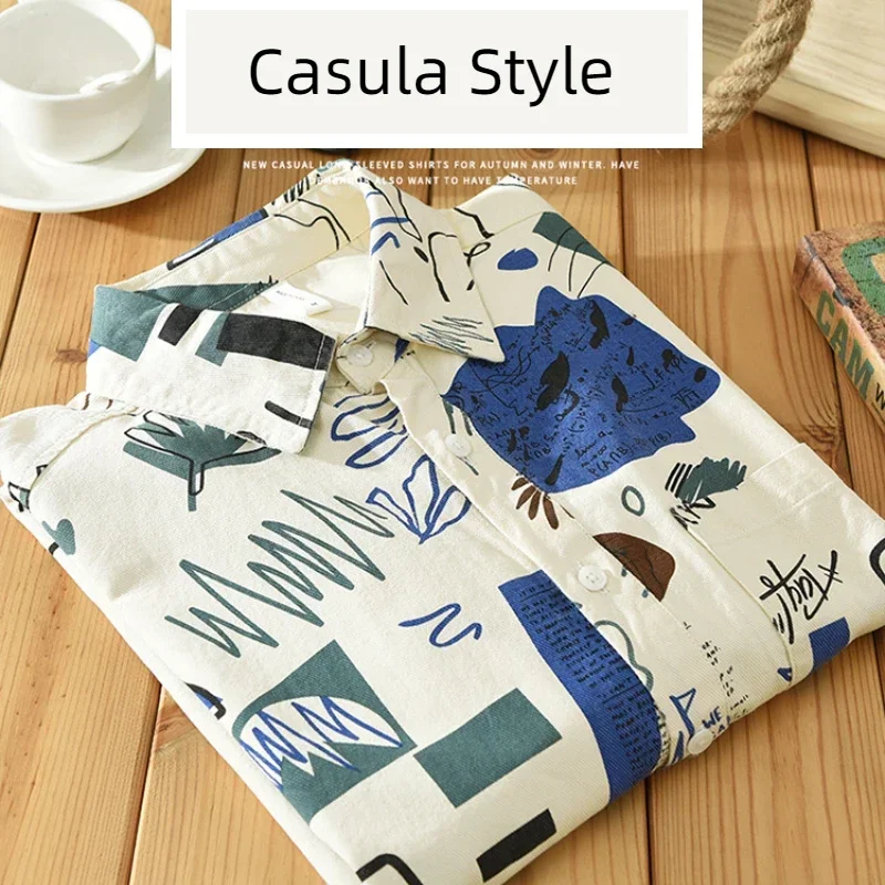 Spring and Autumn New Fashion Printed Cotton Long Sleeve Shirt Casual Trend Versatile Literary Square Collar Shirt C2135