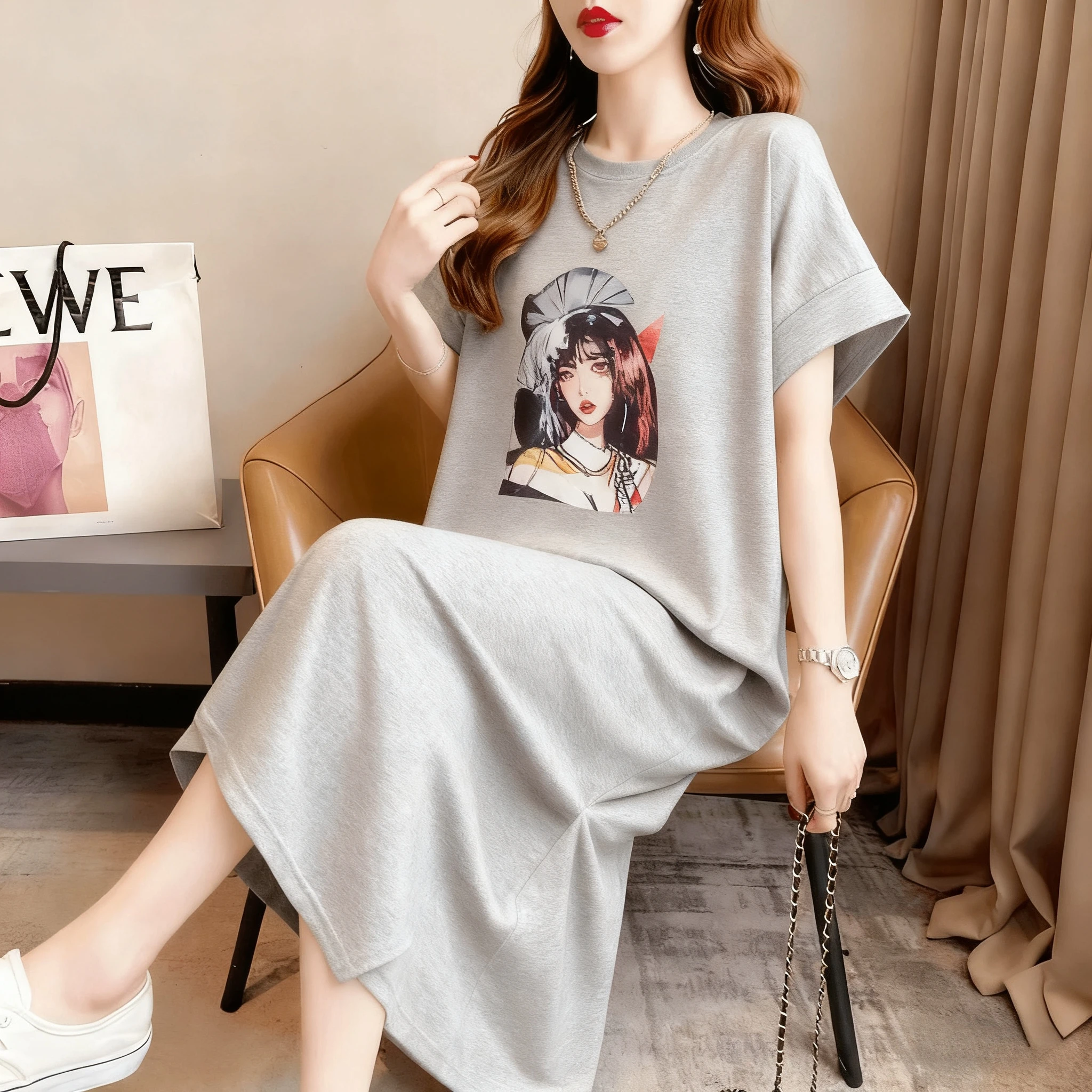 

Ladies' Summer Fashion Lazy Abstract Figure Print Design Medium Long Loose Dress Outdoor Print Skirt and Ankle Boot Skirt