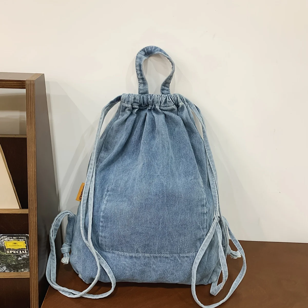 Schoolbag male college student ins japanese style Harajuku denim drawstring backpack male junior high school student high school large capacity