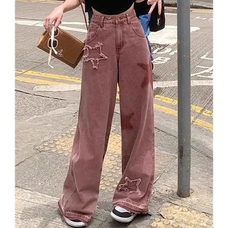 

2025 Ladies High Waist Straight Jeans Autumn Female Star sticker Denim Pantalons Women Fashion Large Size 4XL Cowboy Trousers