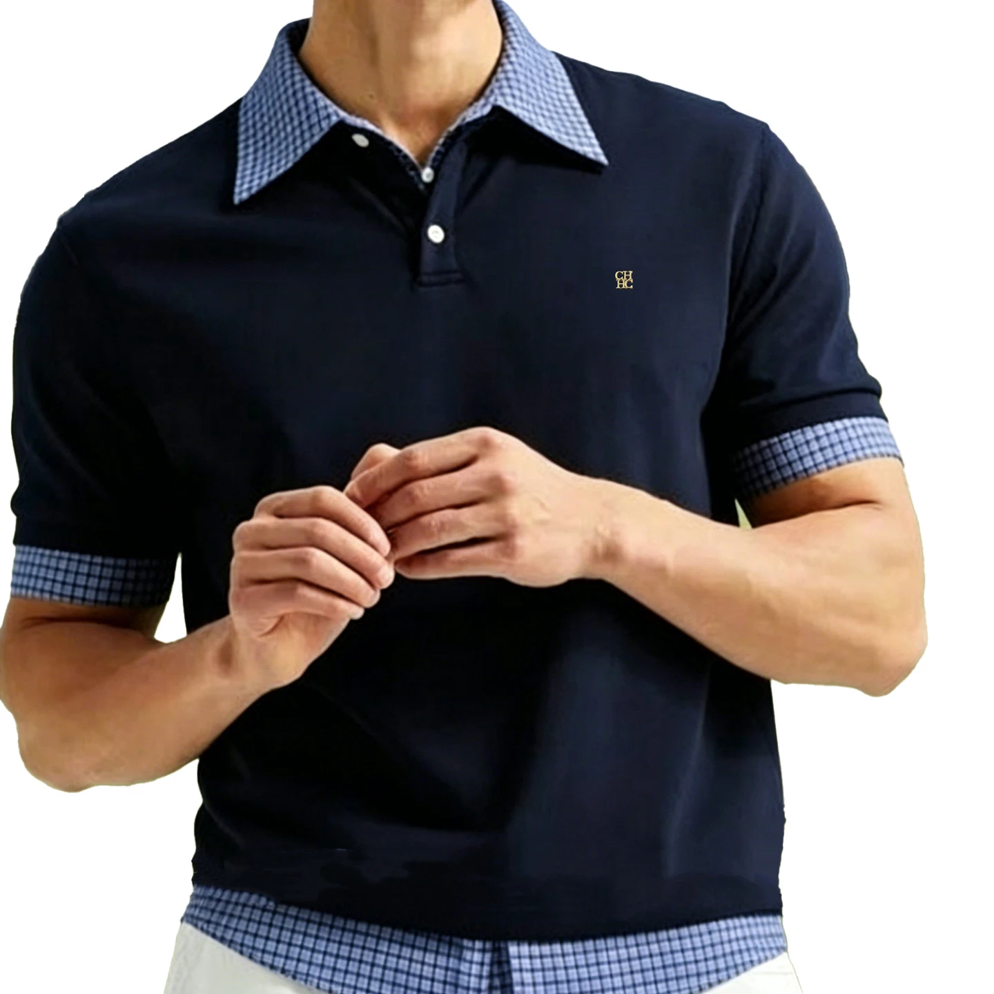 CH Metal Logo Short Sleeve Polo Shirt Men Plaid Patchwork Fake Two Piece Straight Fit Casual Daily Office Tops