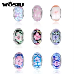 WOSTU Silver Plated Murano Glass Beads Crystal Flower Magical Round Charms Fit Original Bracelet Bangles DIY Jewelry Making 1Pcs