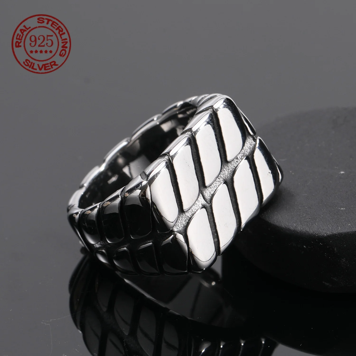 Personality Simple Motorcycle Thread Ring Retro Punk S925 Sterling Slver Rectangular Ring Jewelry Creativity Gift Factory Price