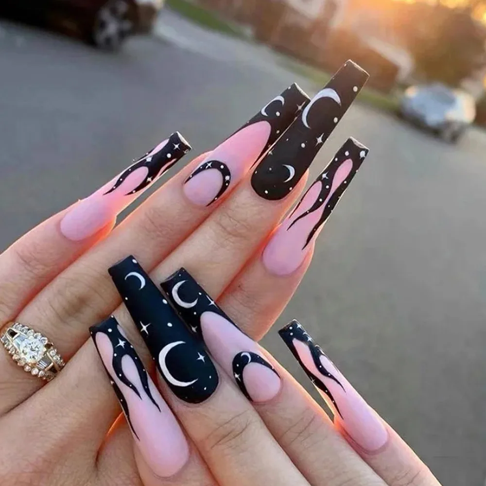 24Pcs Black Pink Night Sky Star Moon Super Long Wearing Fake Nails Art Detachable Girls False Nail Decoration Press On Nail Tips